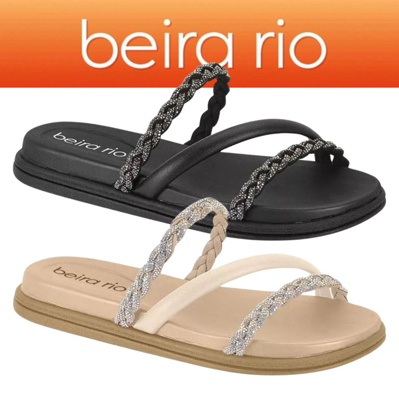 Sandália Feminina  Beira Rio Rasteira Chinelo Multi Birken 3 Tiras Trançada Strass Brilho Glitter em Oferta na Shopee