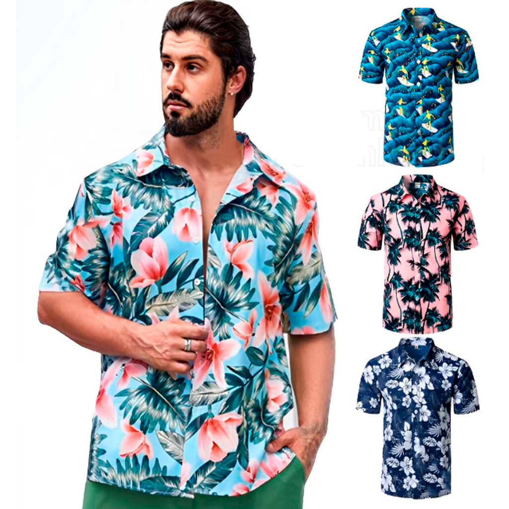 Kit 3 Camisas Havaianas Masculinas Manga Curta Floral Estampada Botões Praia Verão Cores Sortidas