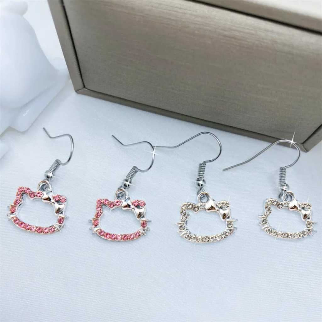 Brincos Gatinha Kitty Brilhante Strass Kawaii Fofo Aesthetic Gato com Brilho Anime em Oferta na Shopee