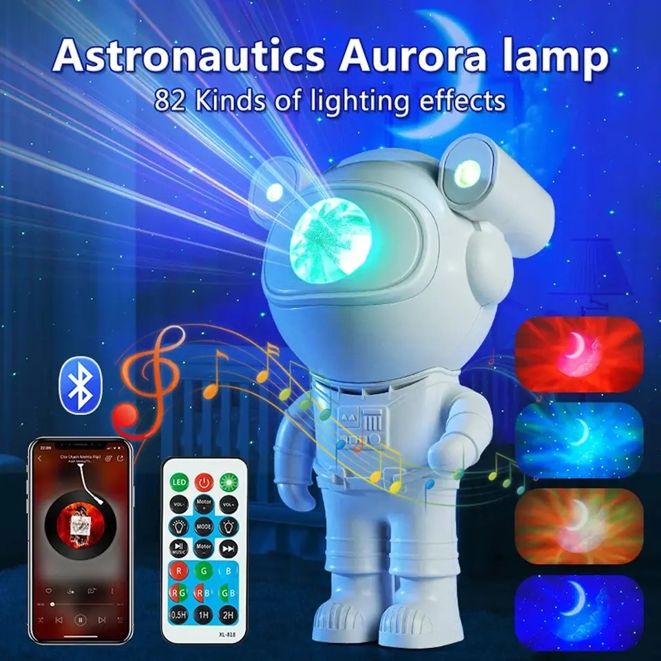 Luminária e Projetor De Estrelas e Lua Astronauta e Caixa de Som Bluetooth