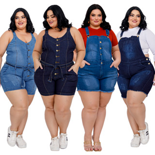Jardineira Short Macaquinho Jeans Plus Size Feminina Lycra
