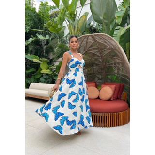 Vestido Feminino Longo Serena Estampa Borboleta Com Amarração Ajustavel e Alça Regulável Super Tendência Primavera.