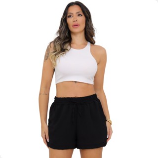 Short Duna Feminino Liso Cintura Alta Tendência Moda Verão com Bolsos