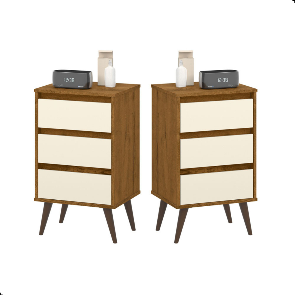 Kit Mesa De Cabeceira Para Quarto Pés Madeira Estilo Retrô 3 Gavetas Wood EJ Móveis em Oferta na Shopee