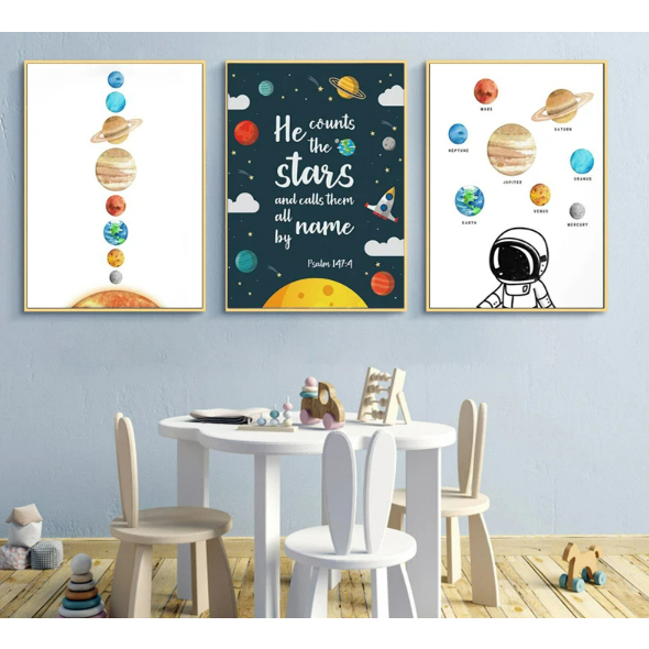 Quadro decorativo quarto infantil menino menina 3 peças Sistema solar planeta terra planetas nave espacial foguete
