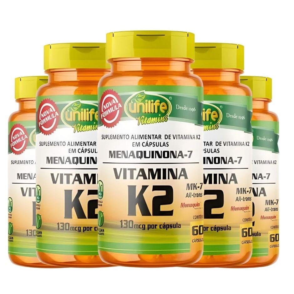 Kit Com 5 Un Vitamina K2 MK7 Alto Teor De Menaquinona 100% Pura 130mcg De K2 Por Cápsula 500mg 300 Capsulas Vegano Unilife