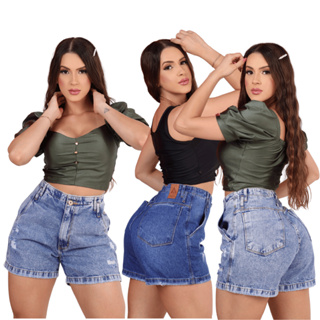 Bermuda Boyfriend Meia Coxa Com Bolso Faca Feminina Short Cintura Alta Blogueira Jeans 100% Algodão em Oferta na Shopee
