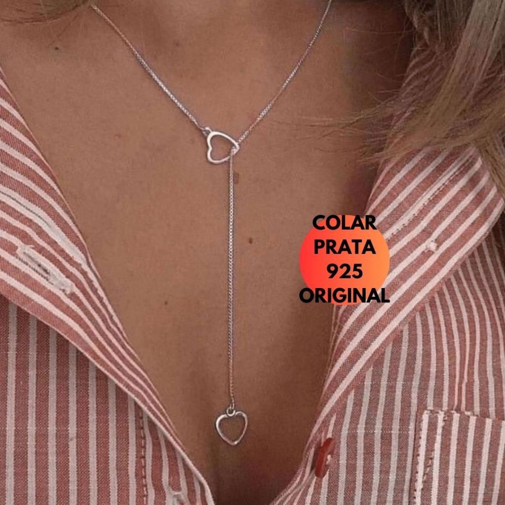 Colar Prata Legitima 925 Original Feminino Coraçao Gravatinha 60cm Garantia Joia Cordao Gargantilha Vazado Presente Certificado