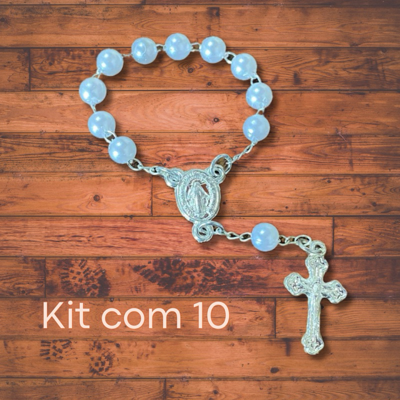 Kit com 10 Mini Terços Dezeninha Pérola Branca Para Batizado, Crisma, Casamento, Lembrancinha
