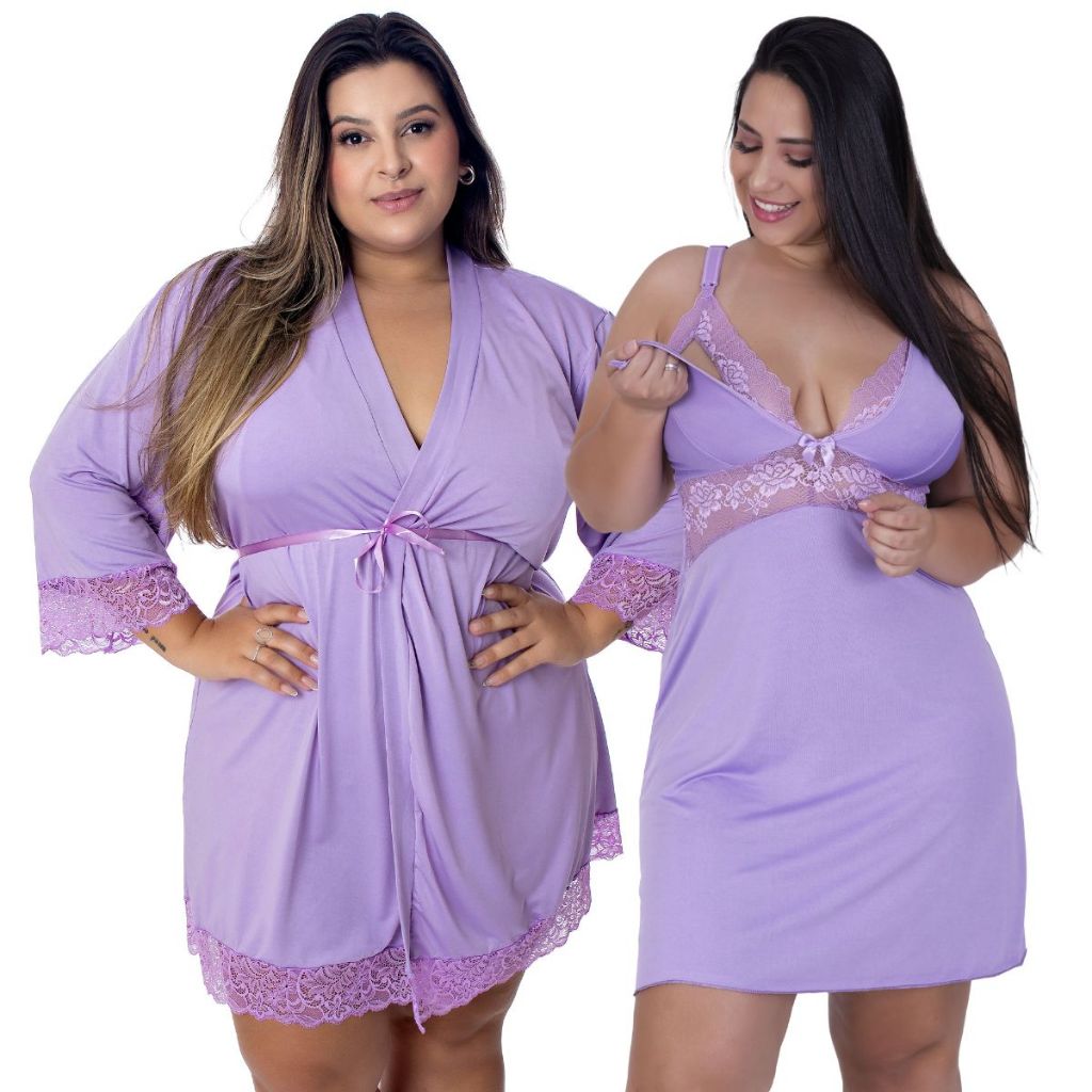 Camisola Amamentação Com Robe de Romantic e Renda Plus-Size