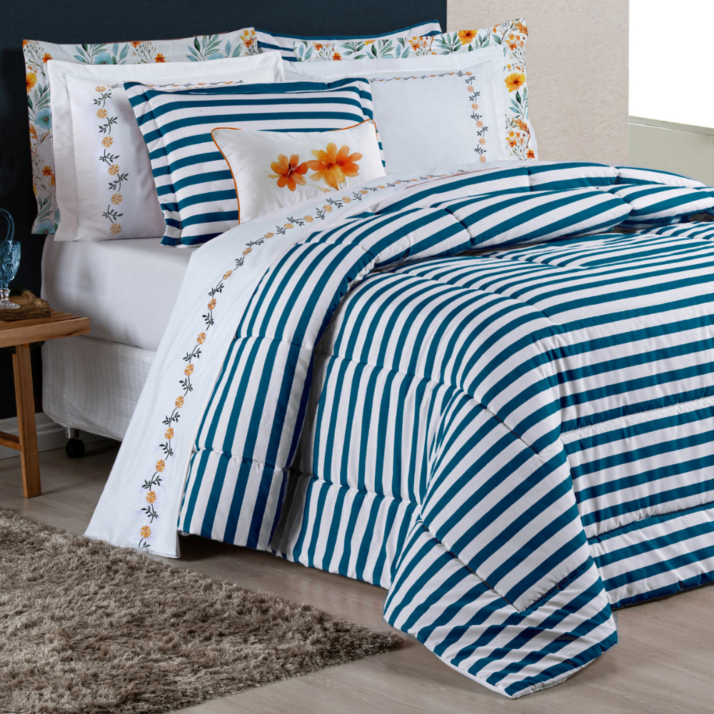 Kit Edredom 07 Peças King Size Algodão Estampado Listrado Percal 180 Fios Izzy Almofada Decorativa