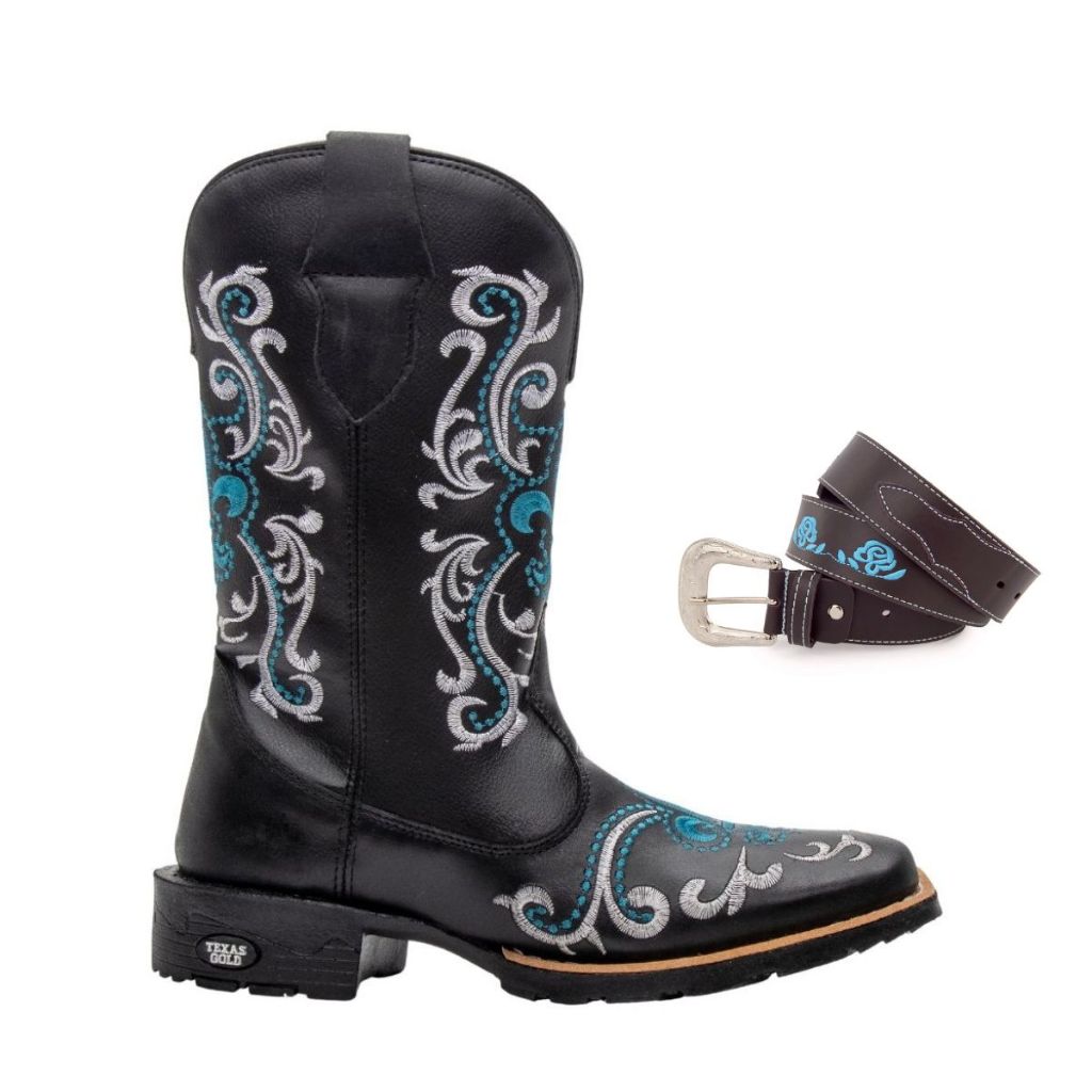 Kit Bota Feminina Texana Country Bico Quadrado Couro Legitimo com CInto Country Flor de Liz