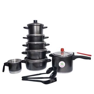 Jogo Kit 10 pçs  Panelas Craqueado 5 Pçs Com Caneco Fervedor n 12 e Panela de Pressão 4,5 Litros Craqueado + Espátulas