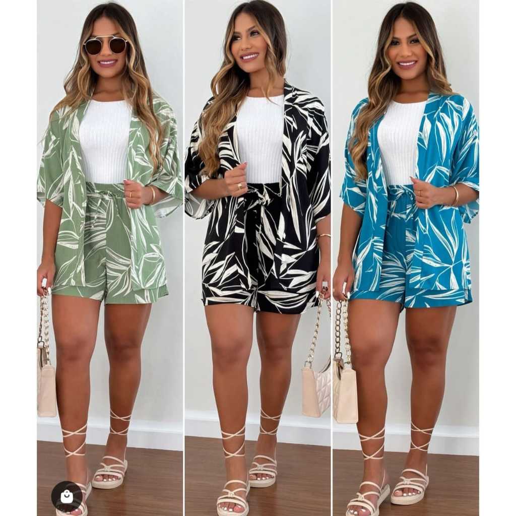 Conjunto short com elastico na cintura e cardigan, estilo floral, manga médio em Oferta na Shopee