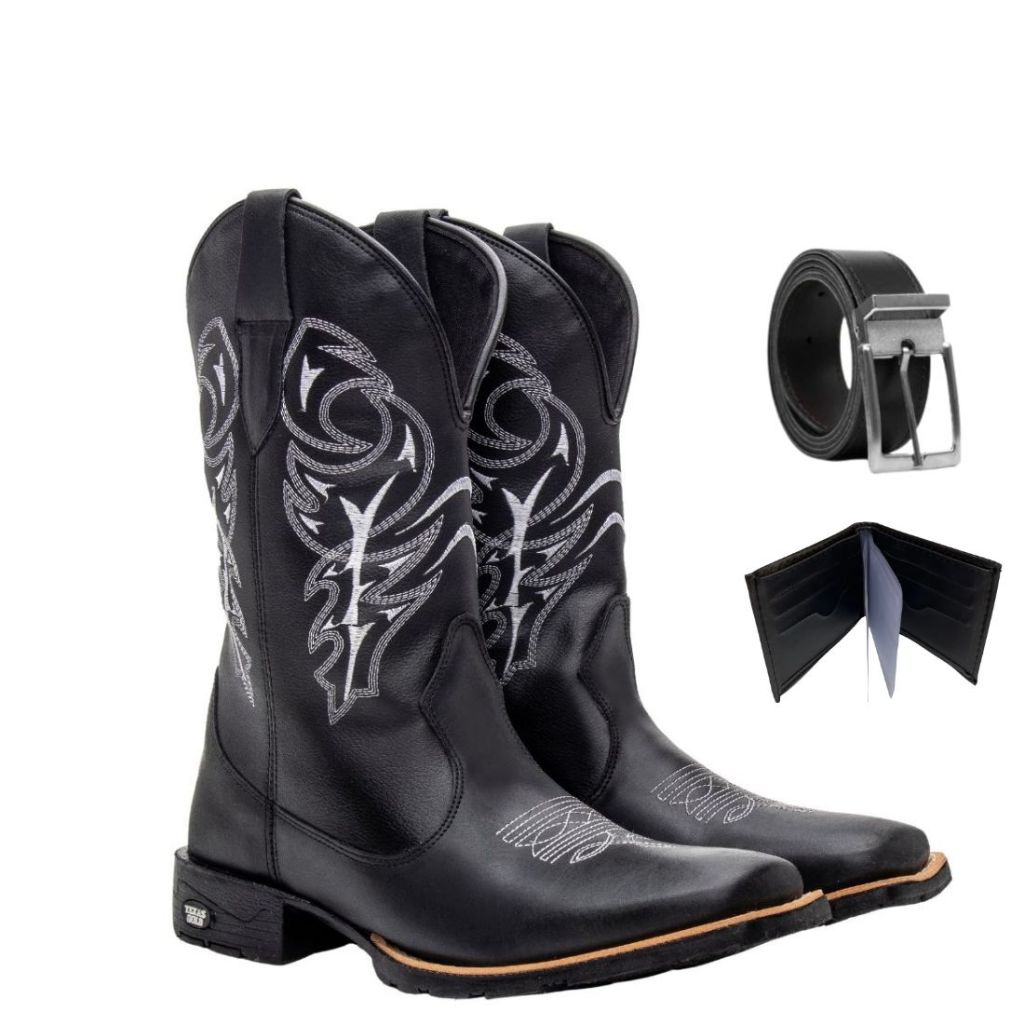 Kit Bota Texana Masculina de Couro Country Macia Conforto Delegada Preta com Carteira e Cinto