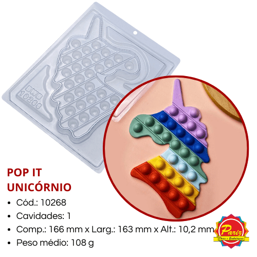 Forma Pop It Unicórnio Simples sem Silicone C.10268 Forma para Chocolate - BWB