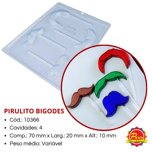 Forma Pirulito Bigodes Simples sem Silicone C.10366 Forma para Chocolate - BWB