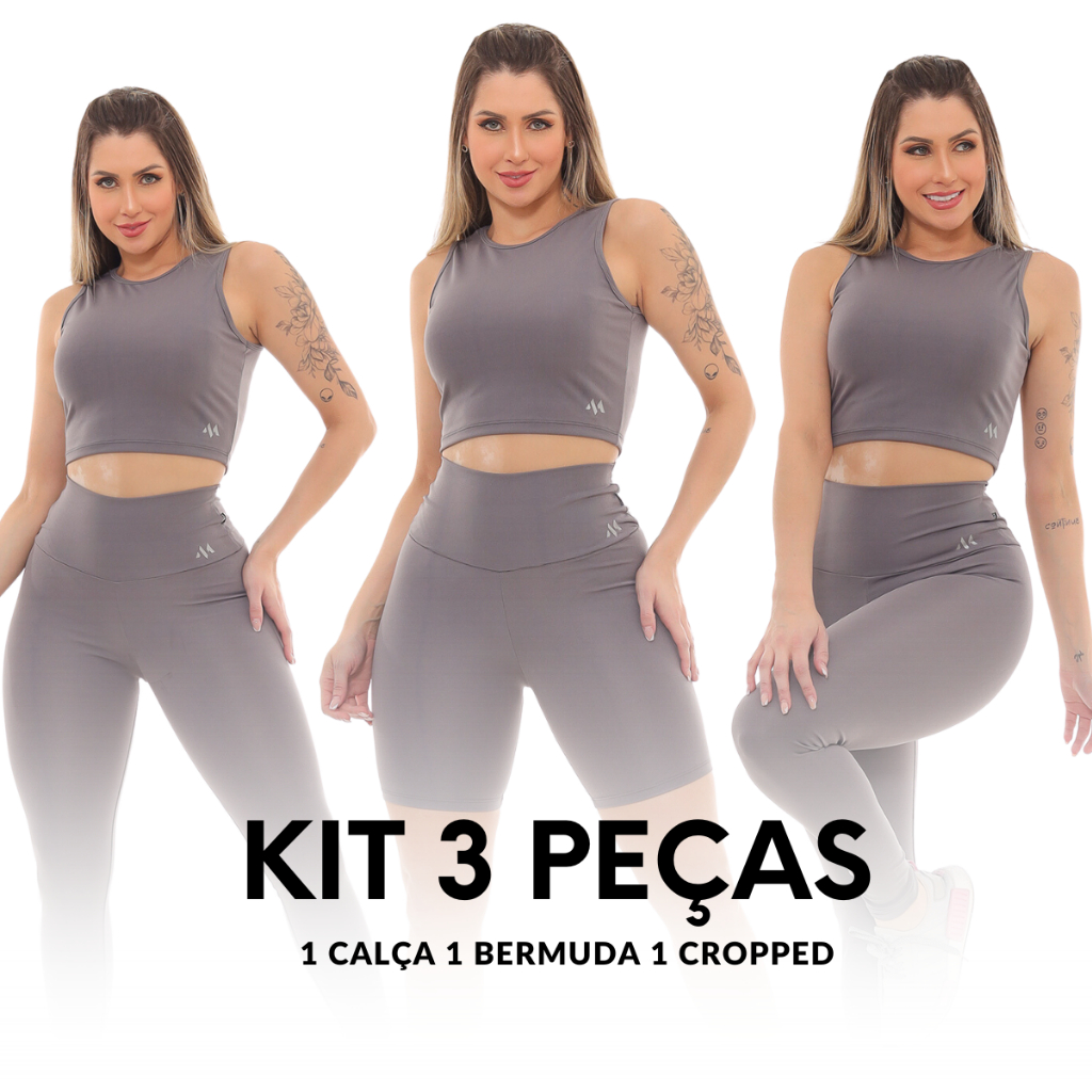 Kit 3 Peças Bermuda Cropped & Legging Blackout Zero Transparência