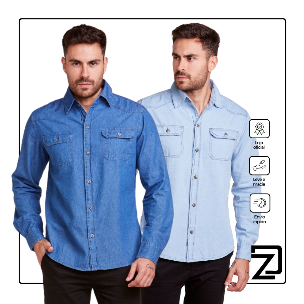 Kit 2 Camisa Masculina Jeans Slim Premium Social em Oferta na Shopee