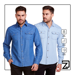 Kit 2 Camisa Masculina Jeans Slim Premium Social em Oferta na Shopee