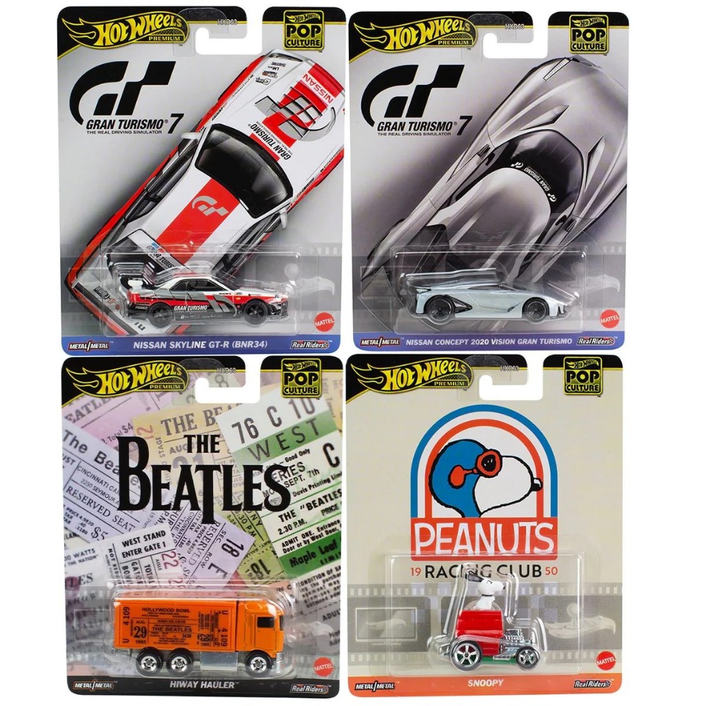 Hot Wheels Cultura Pop De Rodas Quentes 2024 Mix 2 Vehicle (Hiway Hauler-Os Beatles , Snoopy-Amendoins , Nissan Concept 2020 Vision Gran Turismo-7 , Primeiro Batmobile-Batman) Modelo De Carro Em Escala Diecast