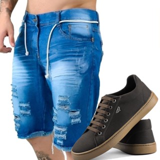 Bermuda Jeans Masculina Destroyed Verão + Sapatênis Casual Grife Moda Masculina direto da fabrica