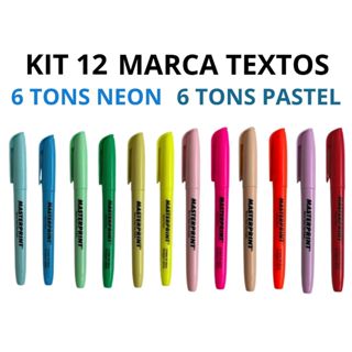 Kit 12 Canetas Marca Texto Masterprint (6 Tons Neons + 6 Pastéis)