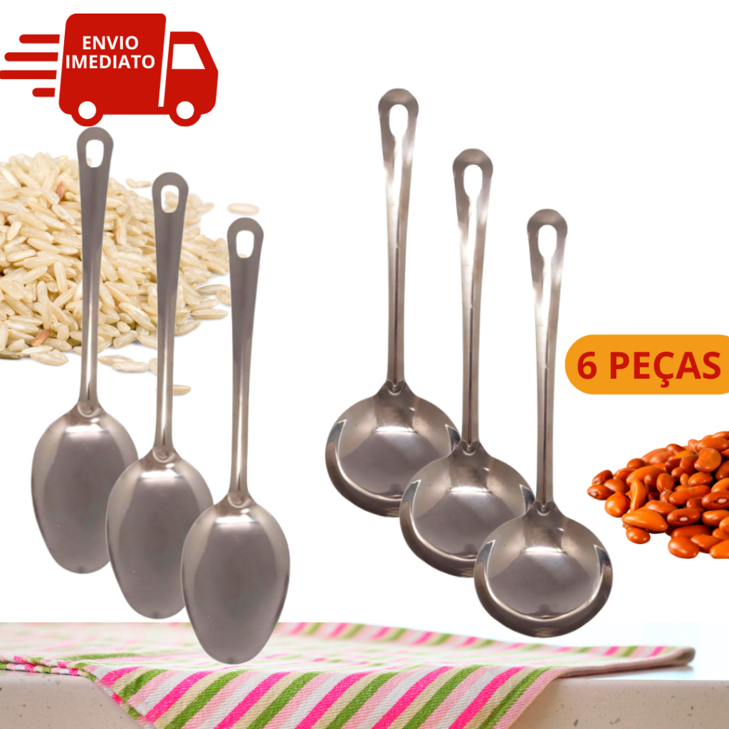 Kit 6 Utensílios Para Cozinha 3 Colheres de Arroz 3 Conchas de Feijão Aço Inox Cozinha