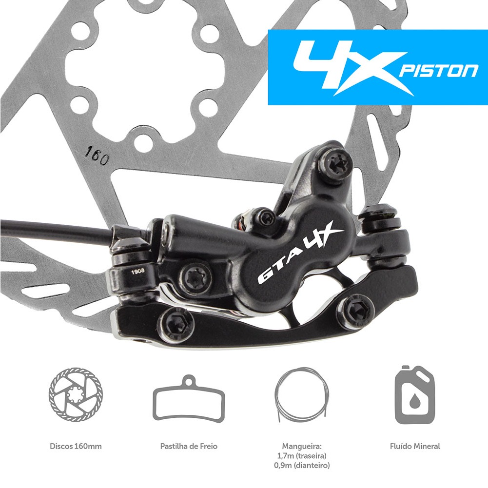 Freio Disco Hidráulico Gta Tipo Shimano 4 Pistões Disco 160m Bicicleta Bike Mtb