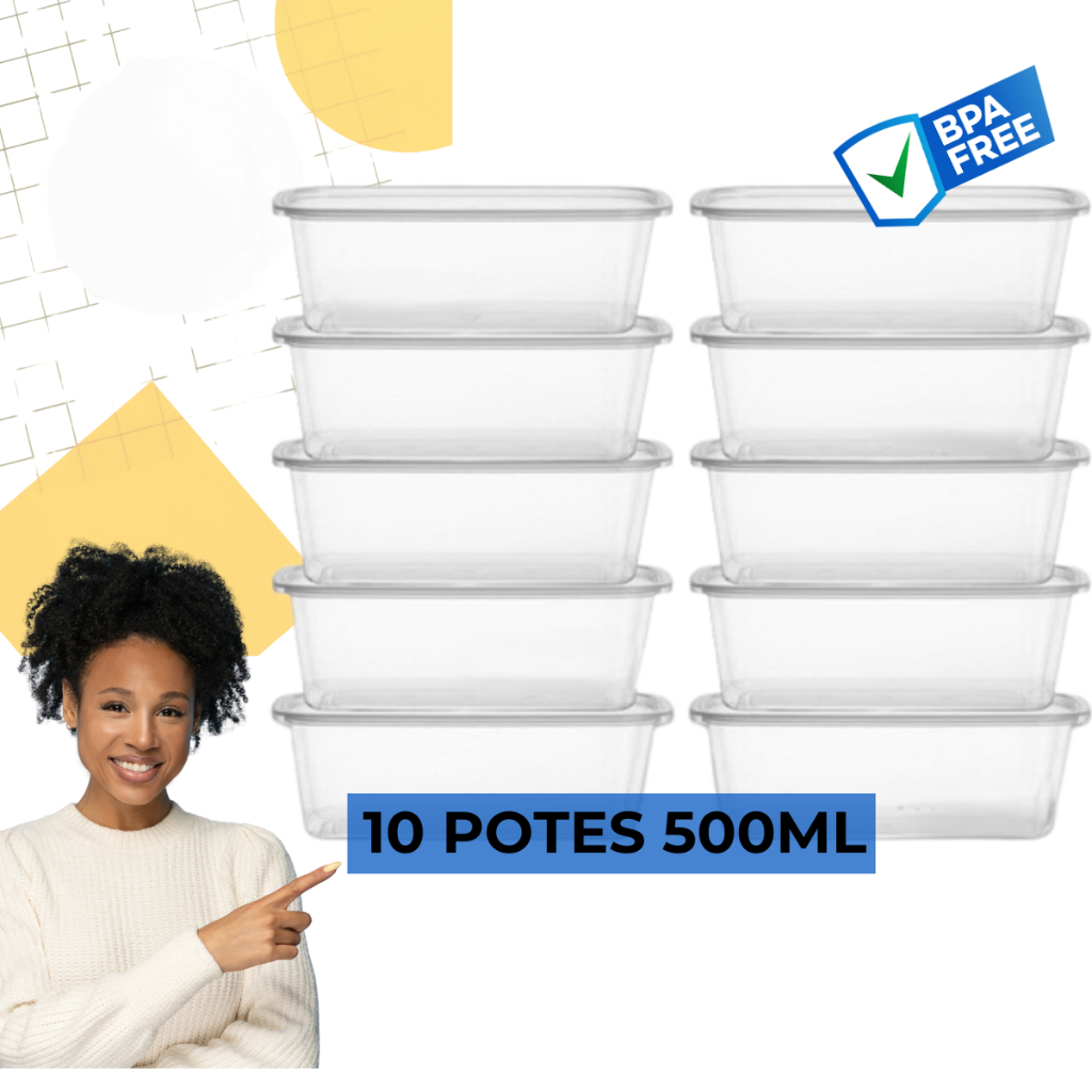 Kit 10 Potes Transparentes 500ml Reutilizável Com Tampa Marmita Fitness Organizador Alimentos Freezer Microondas