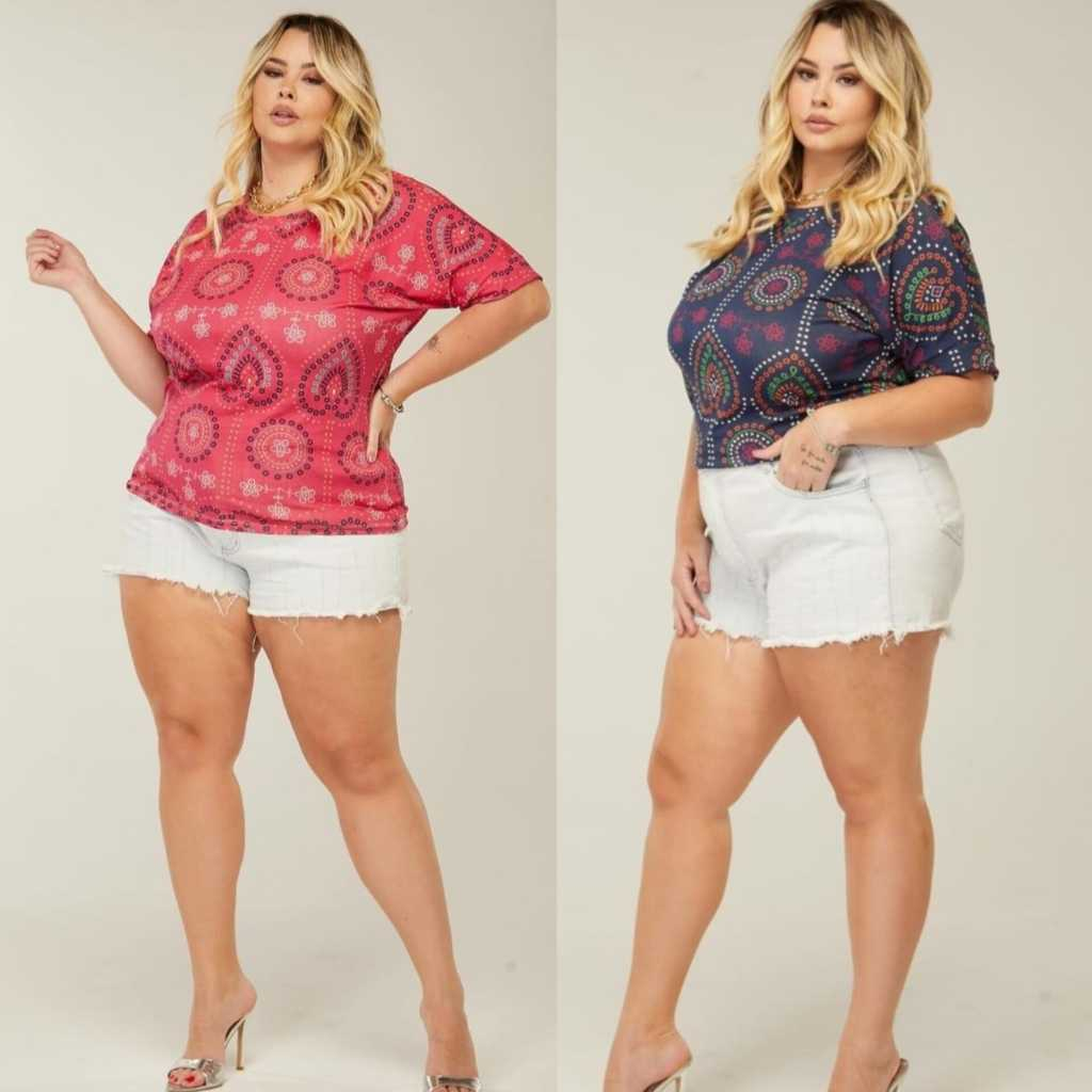Blusa Feminina Plus Size Viscolycra Listrada e Estampada Manga Japonesa Tendência Elegante Diferencial QUALIDADE NO ACABAMENTO VARIAS CORES