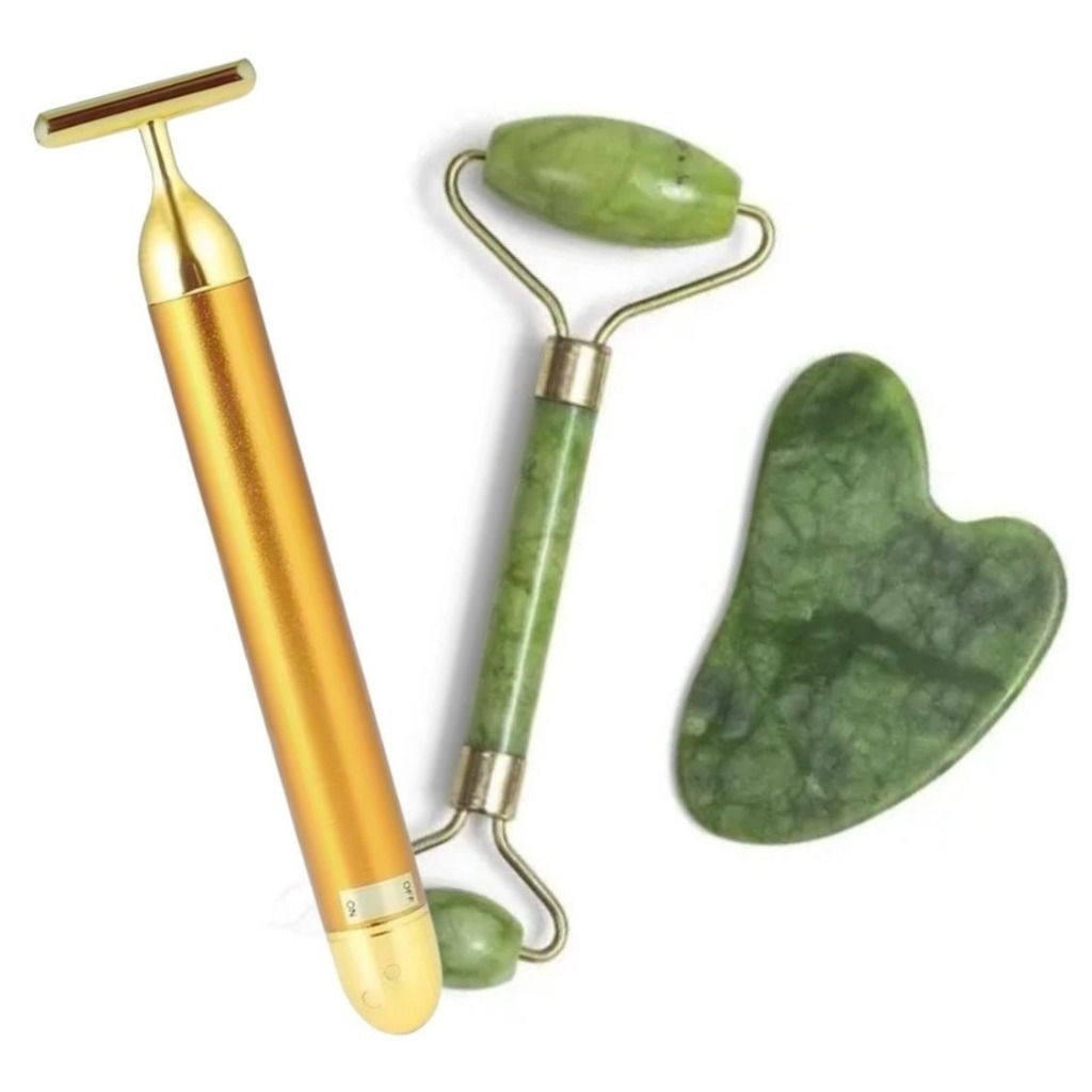 Rolo De Pedra Jade + Placa Gua Sha Com Massageador Eletrico