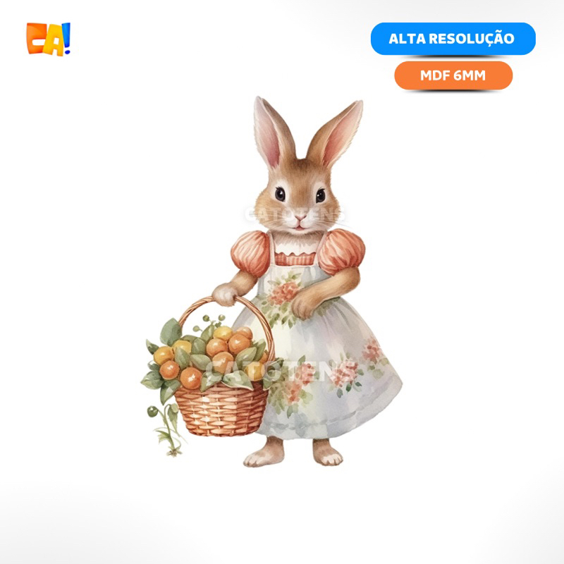 Display de chão MDF 6mm Coelho Páscoa com cesta de frutas para festa / cenários 50cm a 90cm catotens