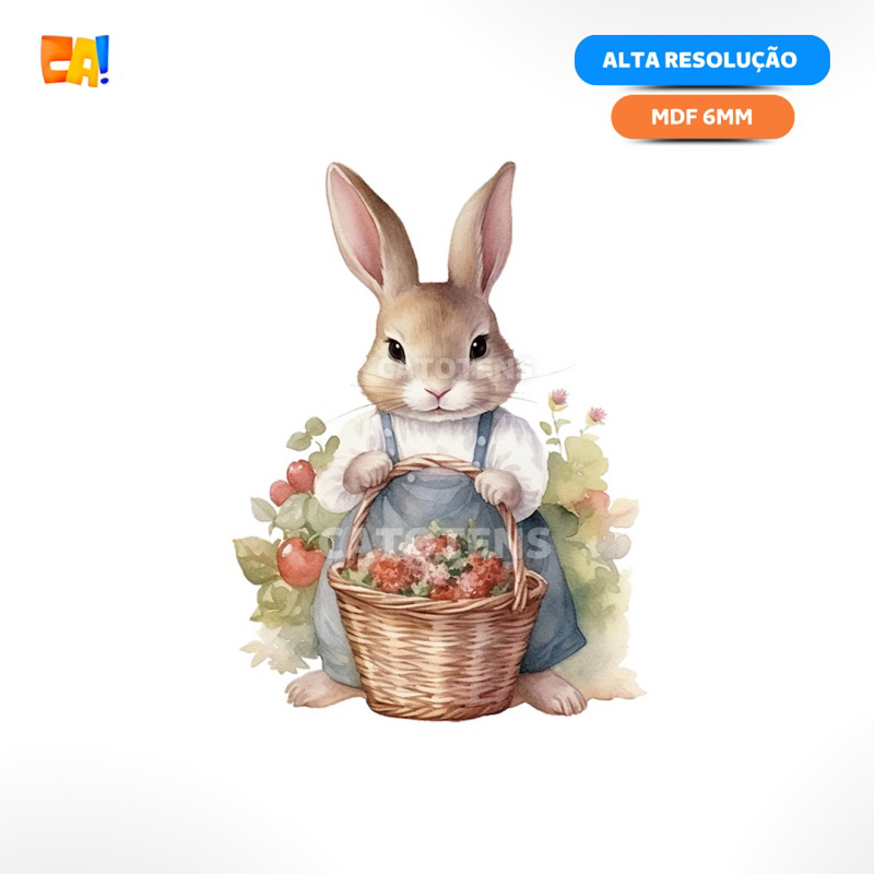 Display de chão MDF 6mm Coelho Páscoa com cesta flores e frutas 50cm a 90cm catotens