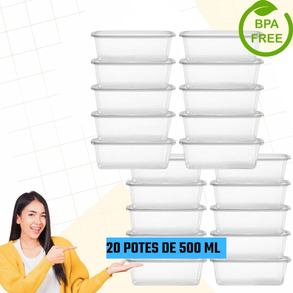 Kit 20 Potes Transparentes 500ml Reutilizável Com Tampa Marmita Fitness Organizador Alimentos Freezer Microondas