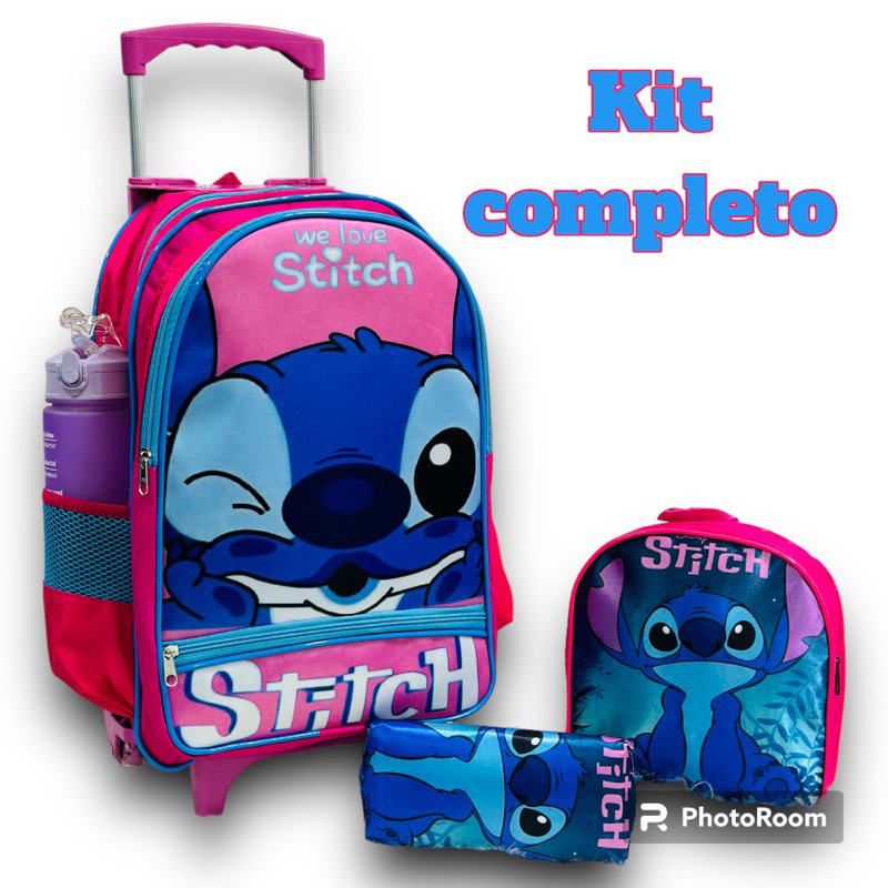 kit mochila escolar menina stitch de rodinha lancheira + estojo + mochila de roda em Oferta na Shopee