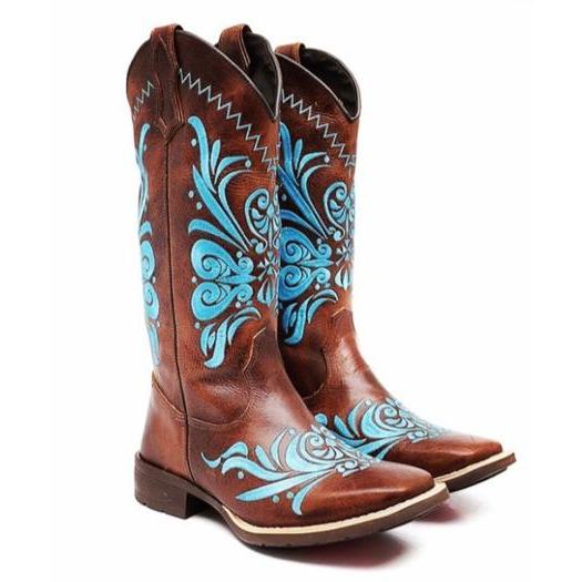Bota Country Texana Feminina Em Couro Bordada Bico Quadrado