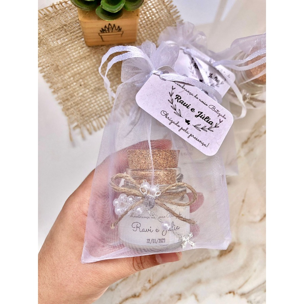 kit 60 Velas perfumadas e personalizadas no saquinho de organza - Lembrancinha Batizado