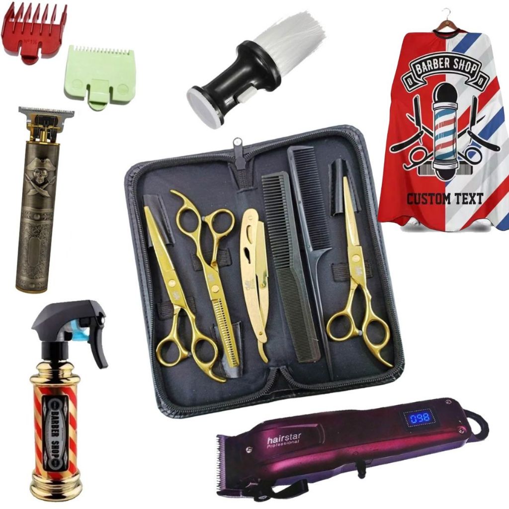 Kit Barbeiro Cabeleireiro Completo 3 Tesouras Profissionais Fio Navalha Fio Laser Desfiadeira