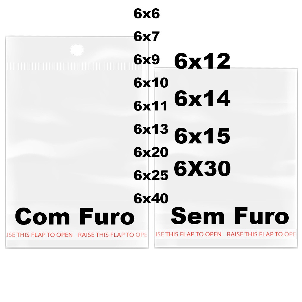 kit 100 Saco Adesivado MAIOR Saquinho Transparente Plástico furo 6x6 6x7 6x9 6x10 6x11 6x13 6x20 6x25 6x40 6x30 6X12 6X14 6X15 em Oferta na Shopee