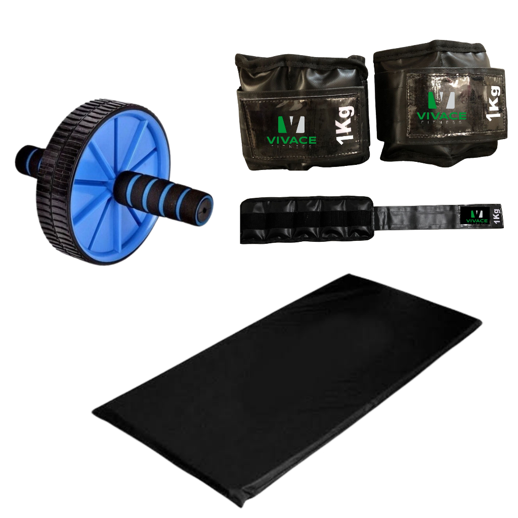 Kit Academia Exercícios Com Caneleira Tornozeleira 1kg + Roda Abdominal + Colchonete Malhação