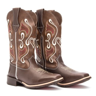 Bota Country Texana Couro Feminina Couro Bico Quadrado Cano Longo