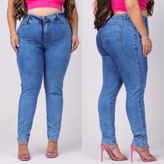 Calça feminina jeans plus size cintura alta com elastano skinny sky