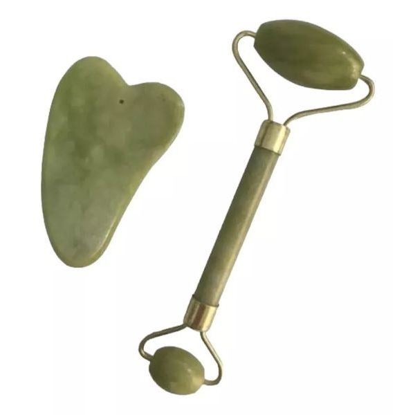 Rolo Pedra De Jade +placa Gua Sha Massagem Facial Anti Rugas