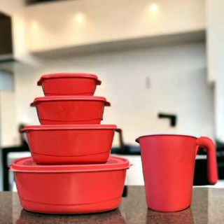 KIT POTES VASILHA PLÁSTICA + JARRA - 5 PEÇAS