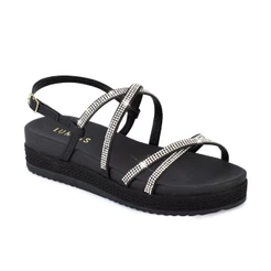 Sandália Feminina Lumiss Papete Strass Brilho Cristal Confortável Tiras Flatform Moda Salto Rasteira