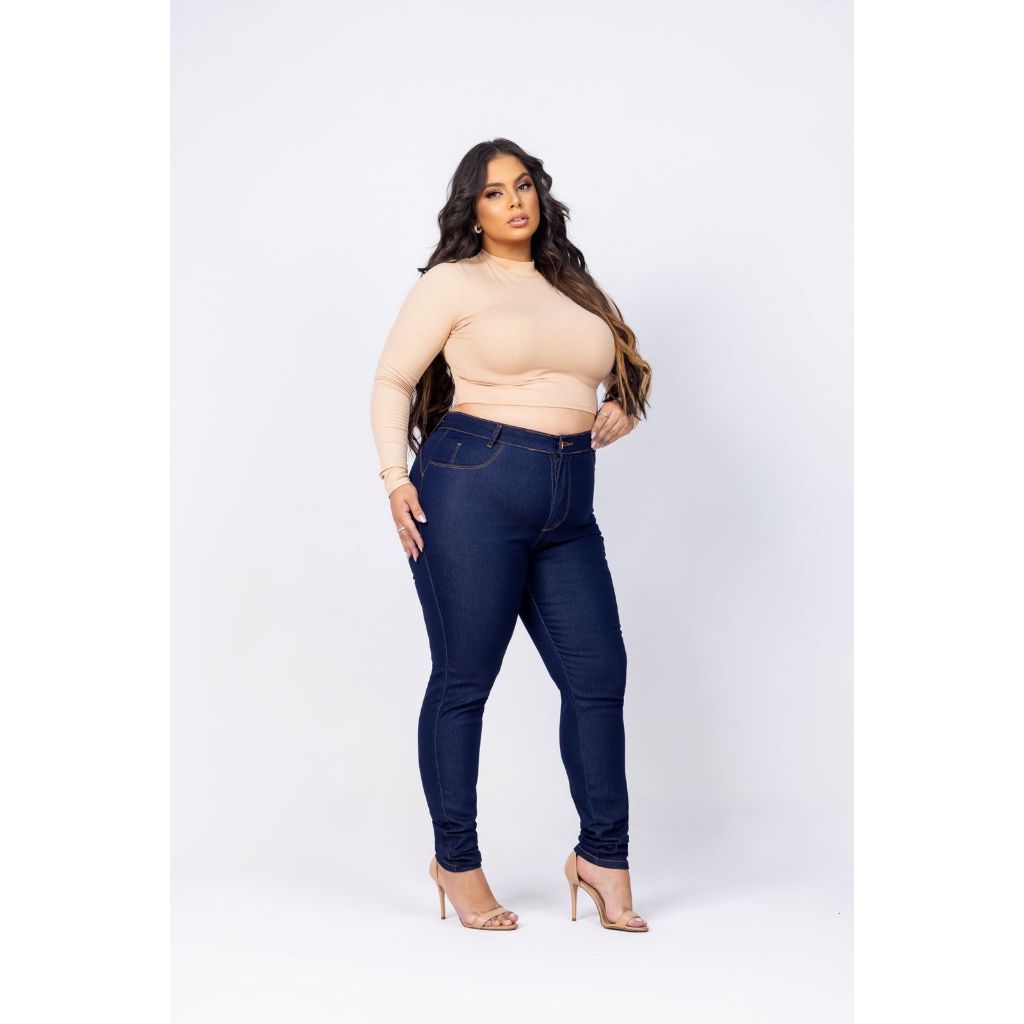 calca feminina jeans plus size cintura alta com elastano skinny AMACIADA
