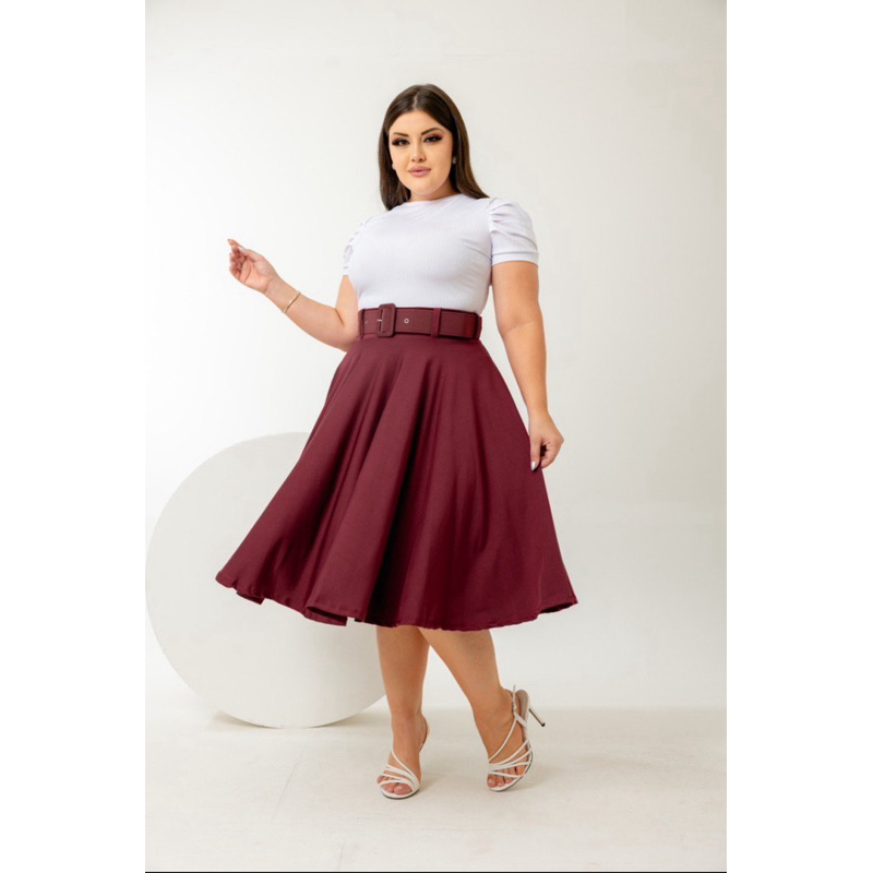 Saia Midi Bordo/Marsala com Cinto Godê Bella Moda Brás em Oferta na Shopee