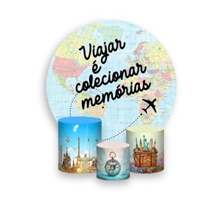 Painel De Festa Redondo + Trio De Capas Cilindro - Volta ao Mundo Viajar 010 em Oferta na Shopee
