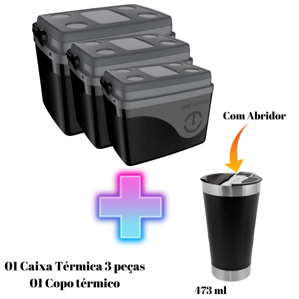 Caixa térmica Cooler Com 1 Copo Térmico 7,5L + 15L + 30L Alça Tampa com Trava bandeja Floripa Unitermi Cerveja Praia Churrasco 3 peças